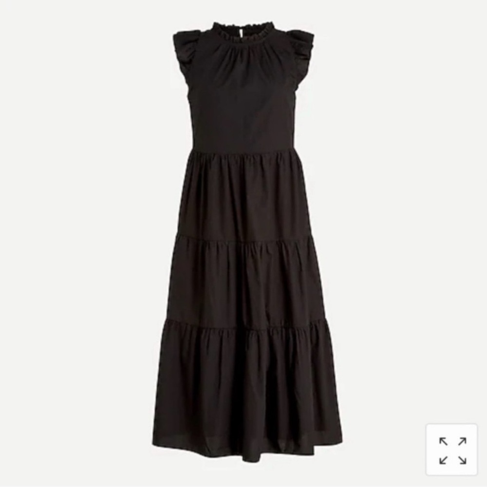 J. Crew Black Cotton Poplin Ruffled Sleeve Tiered MIDI Dress